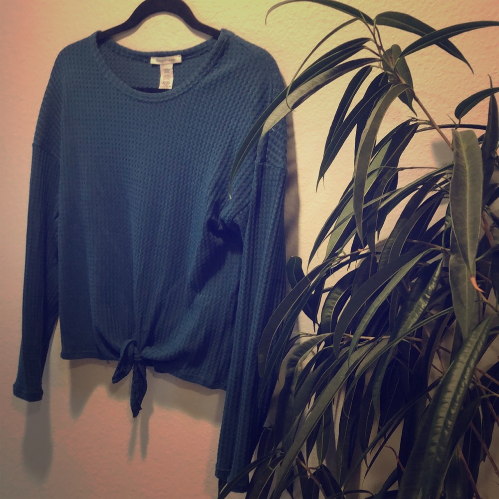 Turquoise/Blue Waffle Tie Front Sweater